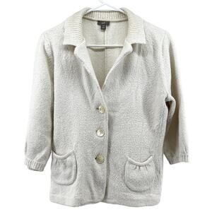 J. Jill Button Down Cardigan Sweater 3/4 Sleeve Pockets Collared Stretch White M